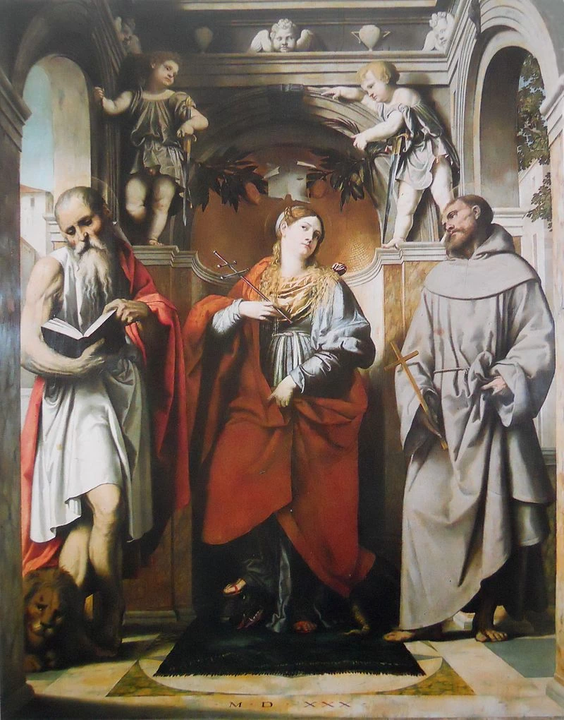 120-Alessandro Bonvicino-Moretto-Santa Margherita d'Antiochia tra i santi Girolamo e san Francesco d'Assisi-Brescia